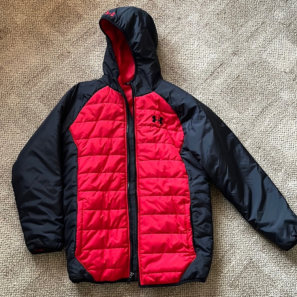 Boys xl under armour winter jacket. Black and red